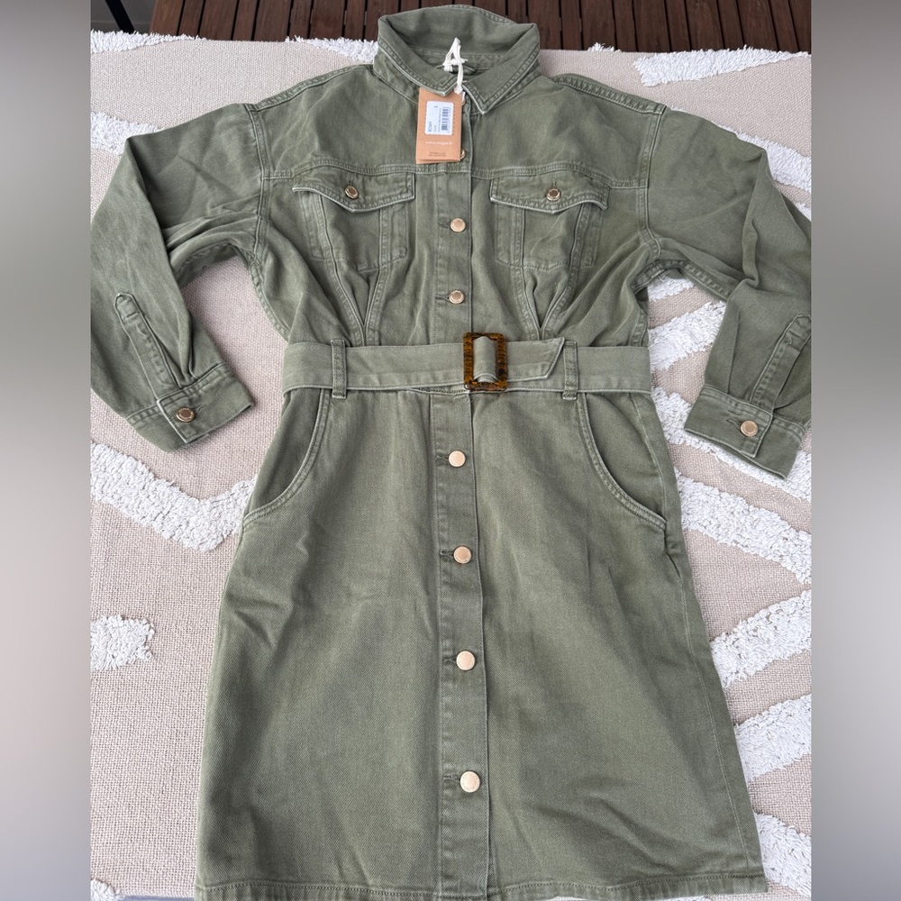 Nagev Romy Dress Olive Green Button-Up Belted Denim Dress 100% Organic